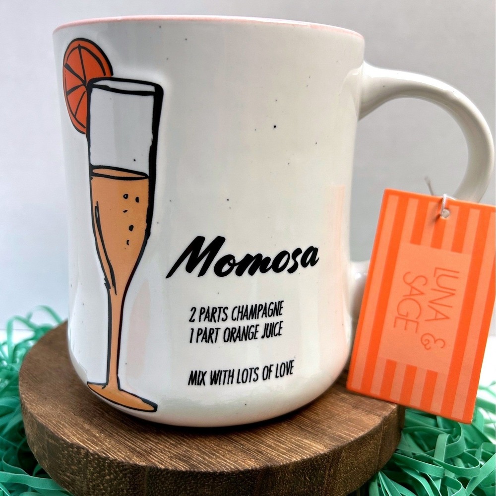 Luna & Sage Momosa Coffee Mug White Pink Rim Champagne Recipe Ceramic New w/ Tag